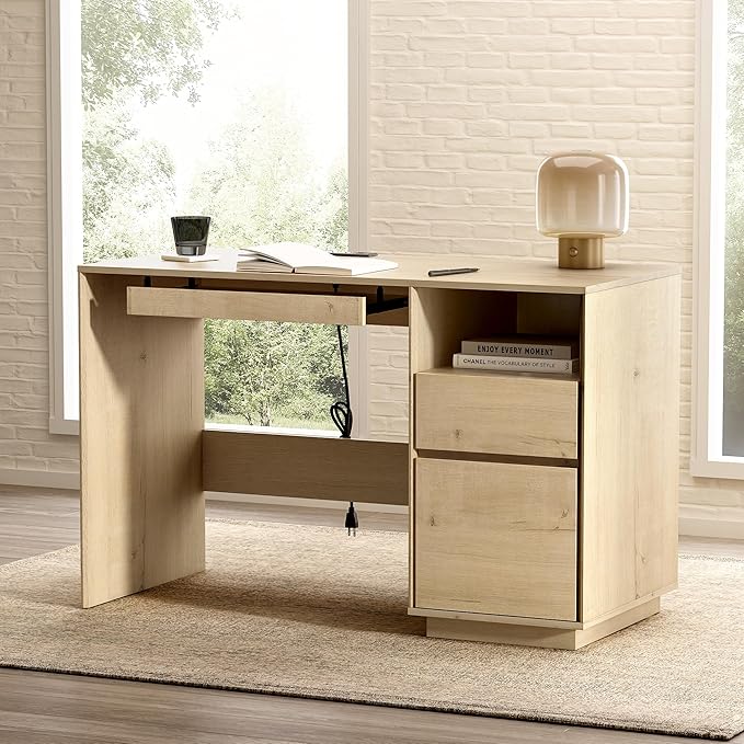 EYYTHUNG Farmhouse Computer Desk, 47" Home Office Desk with File Drawer & Open Storage & Power Outlet, Large Wooden Executive Desk for Study Writing, Light Oak