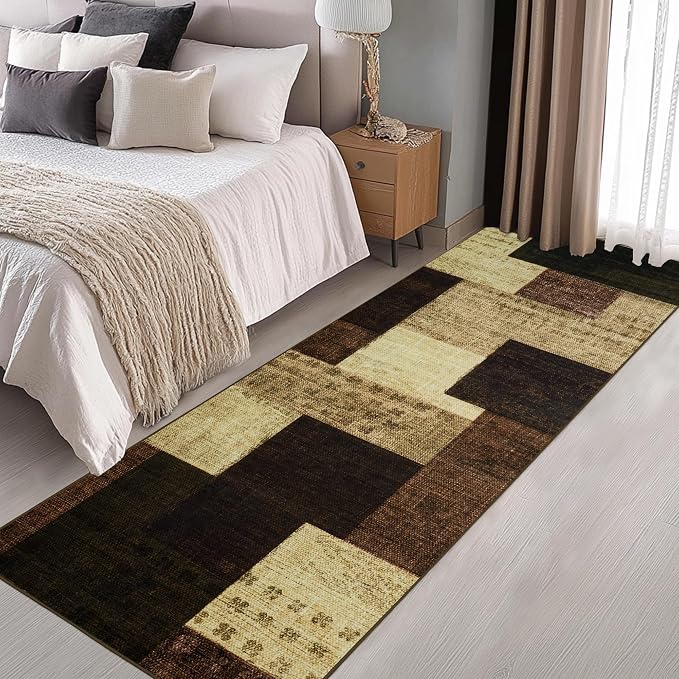 Modern Geometric Patchwork Indoor Runner Rug for Living Room, Warm Taupe 2.7'x 10' Rug Rockwood Collection Hardwood Floors Decor for Bedroom, Taupe Throw Carpet for Office Entryway Dining Room