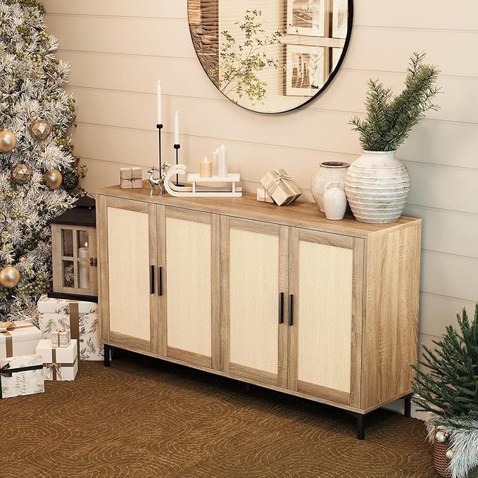 JASIWAY Buffet Cabinet with Storage, 48" Rattan Sideboard with Adjustable Shelves, Modern Coffee Bar Cabinet Console Table with Doors, Credenza for Kitchen, Living Room, Entryway, Dining Room, Wood