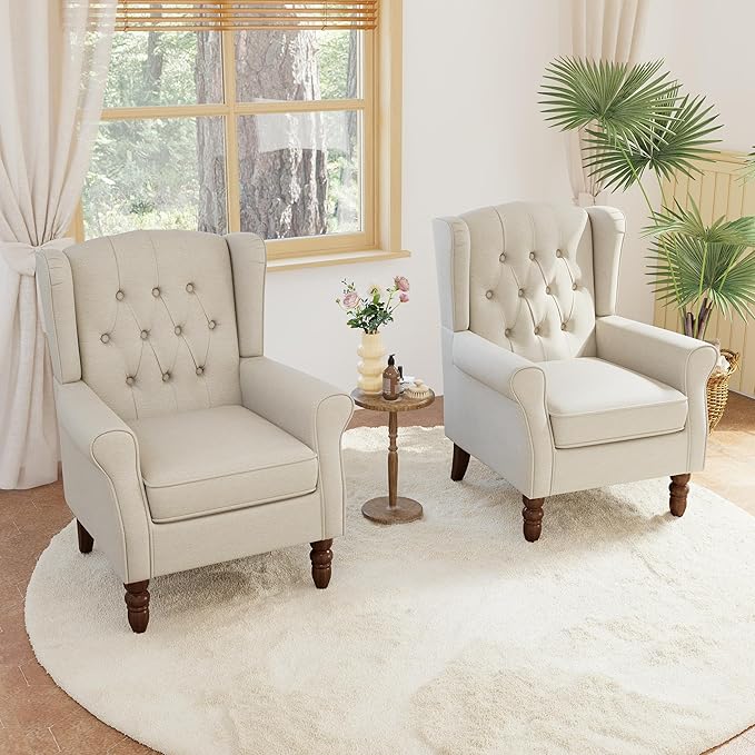 Lumibee High Back Accent Chair Set of 2,Upholstered Wingback Armchair with Solid Wood Legs for Small Spaces,Comfy Single Sofa Chair for Living Room,Bedroom,Office-Beige