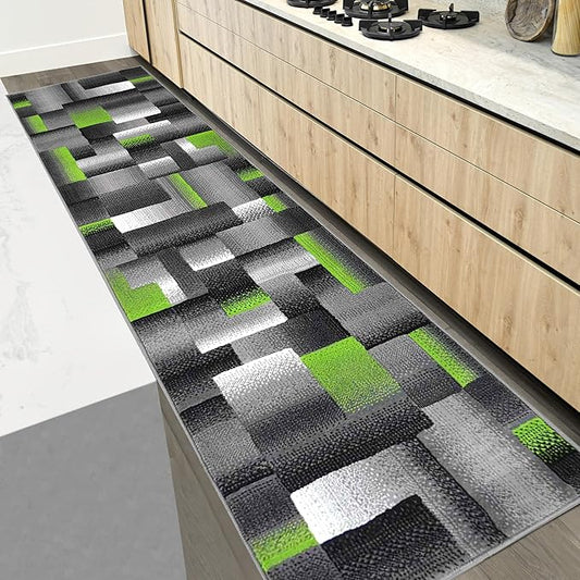 HR 2’ x 7’ Runner in Electric Green - Premium Quality Green/Black/Gray Abstract Geometric Modern Squares Pattern Area Rug - Contemporary Styling for Living Room, Bedroom - Unique Home Décor