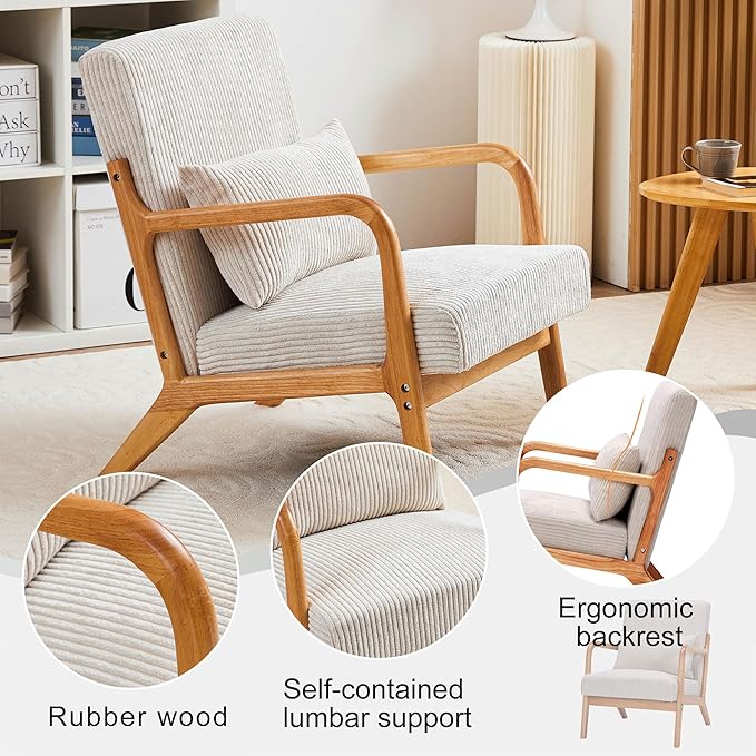 Accent Chairs Set of 2, Mid Century Modern Chair with Pillow, Arm Chair with Solid Wood, Reading Relaxing Leisure Chair for Living Room, Waiting Room, Beige