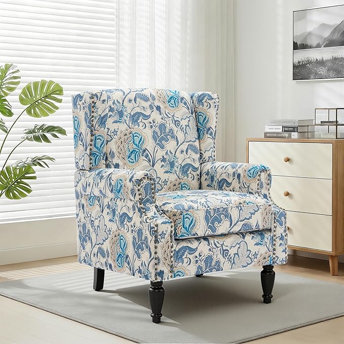 Wingback Chair, High Back Floral Accent Chair in Fabric, Comfy Upholstered Armchair with Nailhead Trim for Living Room, Single Sofa Reading Chair for Small Spaces, Bedroom-Boho Blue