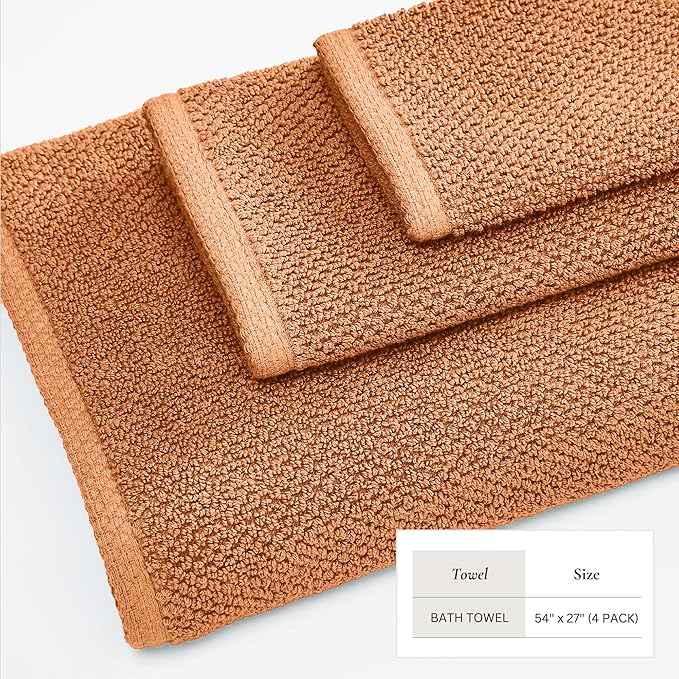 Great Bay Home 100% Cotton 4 Pack 54x27 Bath Towel Set - Absorbent, Quick-Drying, Durable Towels for Bathroom Decor - Low-Twist, Two-Ply Fibers (Clay)