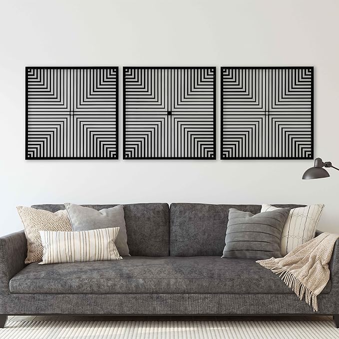 Geometric Art Deco Wood Wall Art Set of 3, Large Optical Line Square Panels, Mid Century Modern Wooden Decor, Aesthetic New House Gift for Living Room and Bedroom