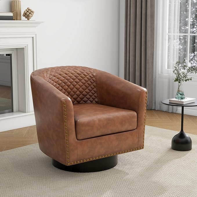 UIXE Swivel Accent Chairs Set of 4, PU Leather Barrel Club Chair for Living Room, Upholstered Round Armchair Comfy Single Sofa Bedroom Reading Seat - Brown