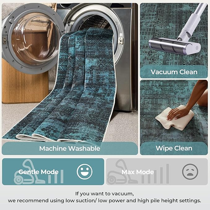 Kokia Abstract Area Rugs 8x10 Bedroom Soft Living Room Rugs Washable Distressed Vintage Comfy Deep Teal Carpet with Non-Slip Backing for Farmhouse Home Office Room Decor, Ocean Teal