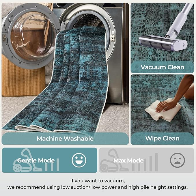Kokia Abstract Area Rugs Washable Indoor 6x9 Rug Boho Distressed Retro Low Pile Non-Slip Non-Shedding Deep Teal Carpet Bedroom Living Room Dining Room, Ocean Teal