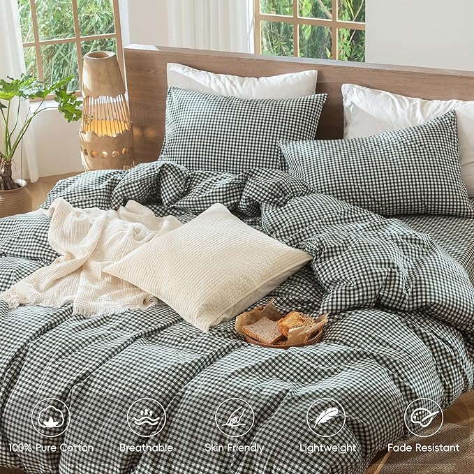 MooMee Gingham Duvet Cover Set 100% Washed Cotton Linen Like Textured Breathable Durable Soft Comfy Modern Checkered Design (Mini Gingham Forest Green, King 104"x90")