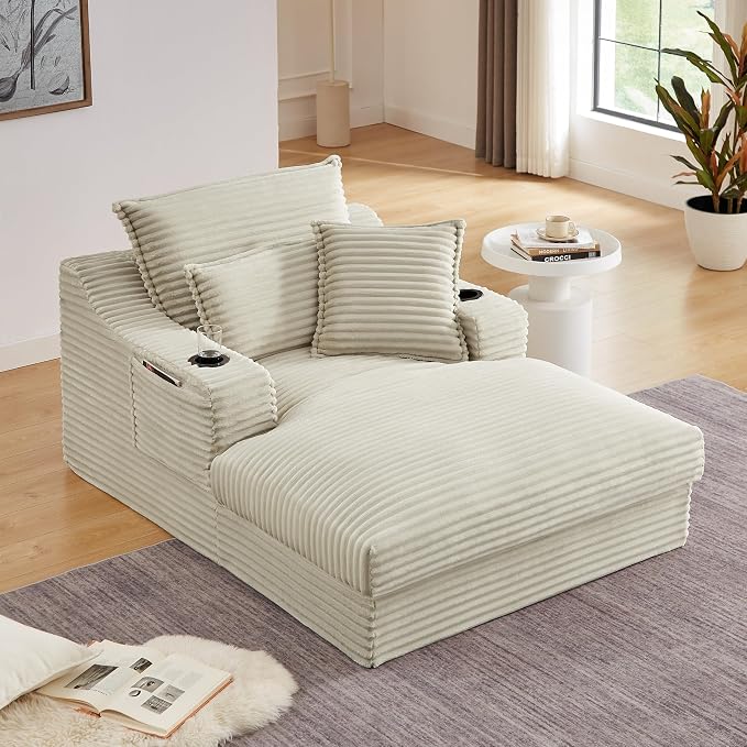 67" Oversized Chaise Lounge Chair Indoor, Boneless Cloud Couch with 3 Pillows, 2 Side Pockets and 2 Cup Holders, Corduroy Sleeper Sofa Bed for Living Room Bedroom Reading Nook - Camel