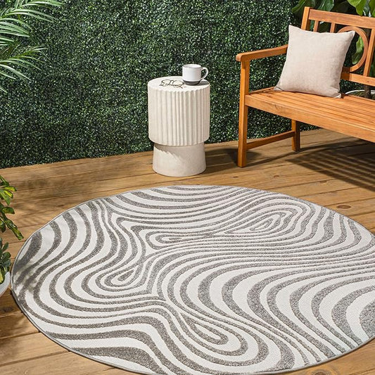 JONATHAN Y Maribo High-Low Abstract Striped Gray/Ivory 9' Round Indoor/Outdoor Area Rug, Pet Friendly, Non-Shedding, Stain Resistant, Easy-Cleaning for Backyard, Patio, Porch (SCN103B-9R)