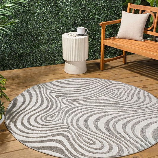 JONATHAN Y Maribo High-Low Abstract Striped Gray/Ivory 8' Round Indoor/Outdoor Area Rug, Pet Friendly, Non-Shedding, Stain Resistant, Easy-Cleaning for Backyard, Patio, Porch (SCN103B-8R)