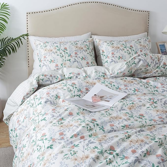 HoneiLife Cotton Duvet Cover King - Botanical Comforter Cover, 3-PC Bedlinen for Set with Zipper Closure & Corner Ties, Sweat-Absorption Comforter Cover Sets, Desert Rose
