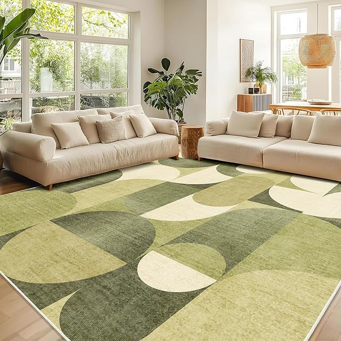 Large Green Area Rugs 9x12 Washable Rug for Living Room Bedroom Dining Room,Modern Geometric Non Slip Carpet