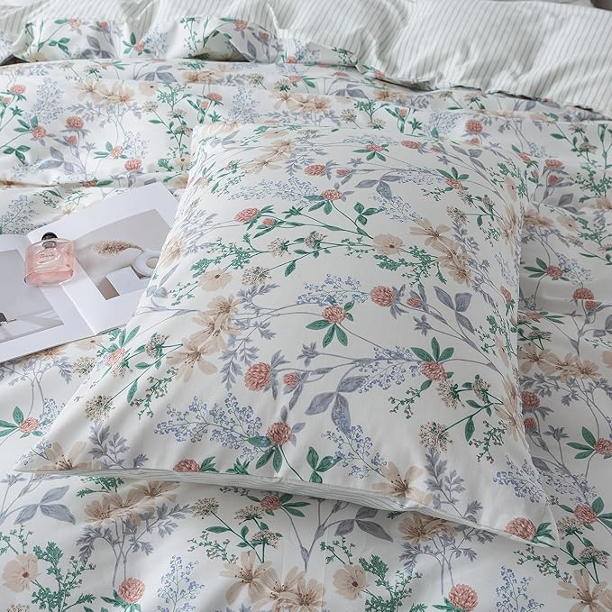 HoneiLife Cotton Duvet Cover King - Botanical Comforter Cover, 3-PC Bedlinen for Set with Zipper Closure & Corner Ties, Sweat-Absorption Comforter Cover Sets, Desert Rose