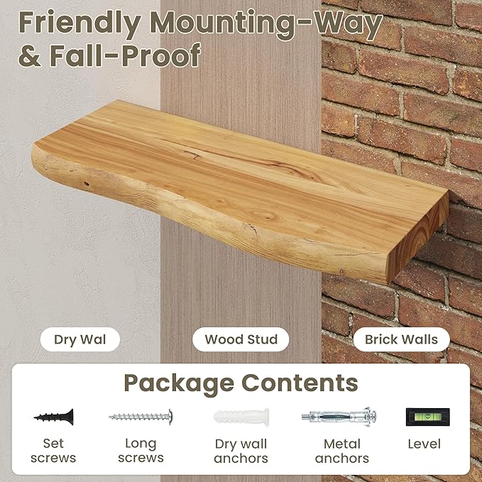 Fun Memories Floating Shelves for Wall Decor Set of 1-55 Inch Solid Elm Wood Live Edge - Rustic Natural Wall Shelves with Invisible Brackets - for Living Room, Bedroom, Kitchen - Natural Finish