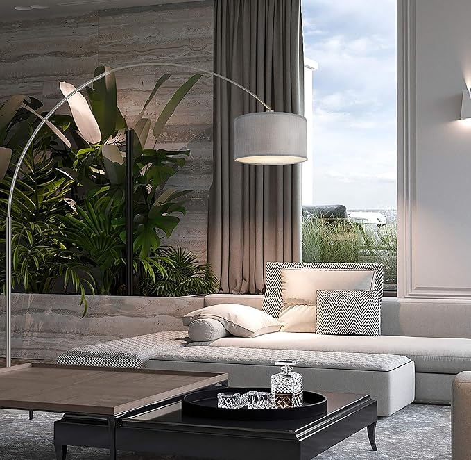 Major-Q Bedrooms Modern 81" Arc Tall Floor Living Room-Stand Up Arching Lamp Grey Drum Style Shade and Marble Base