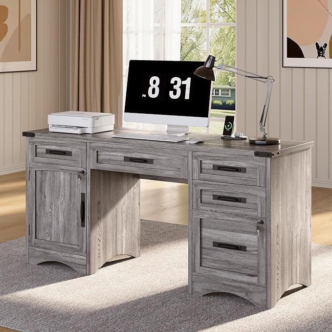 Decofy Farmhouse Executive Desk with Drawers, 55" Home Office Desks with Fast Charging Station, Lockable File Cabinet, Wood Writing Computer Desk for Work, Study, Grey