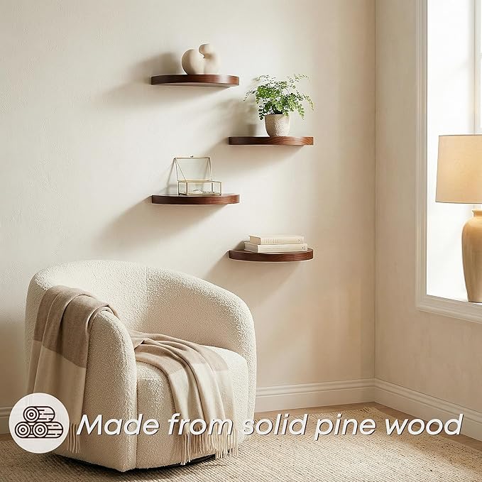 Small Wood Floating Shelves (2-Pack, 8-inch Diameter) - Round Sturdy Invisible Wall Mount Display for Small Plants,Toys,Bathroom,Living Room Storage & Modern Rustic Décor (Dark Walnut)