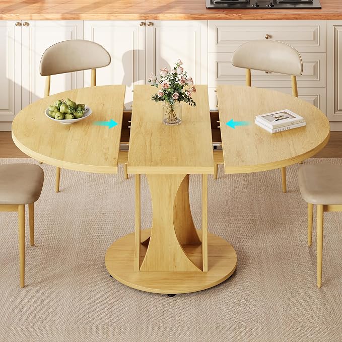 Einhomn 59" Extendable Round Dining Table for 6-8, Kitchen Table with Sturdy Double Arc Base & Backboard Clasp Desktop, Mid-Century Modern Dinner Table, Kitchen Dining Room, Space Saving, Natrual