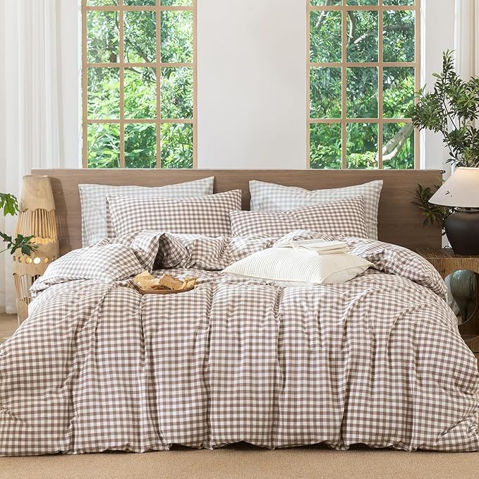 MooMee Gingham Duvet Cover Set 100% Washed Cotton Linen Like Textured Breathable Durable Soft Comfy Modern Checkered Design (Brown Gingham, Super Queen 90"x98")
