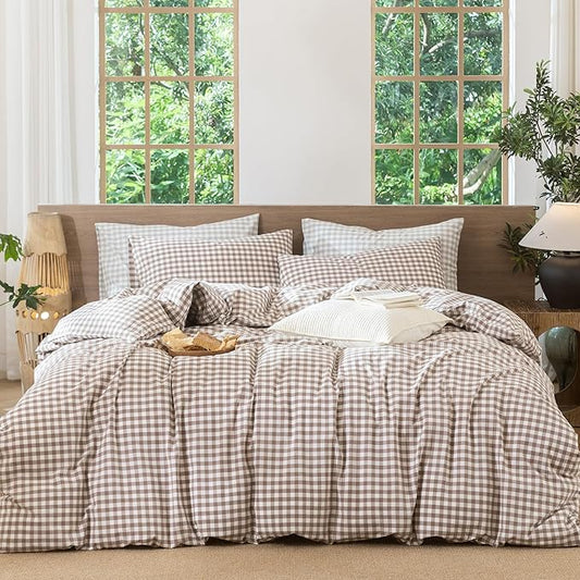 MooMee Gingham Duvet Cover Set 100% Washed Cotton Linen Like Textured Breathable Durable Soft Comfy Modern Checkered Design (Brown Gingham, Full 80"x90")