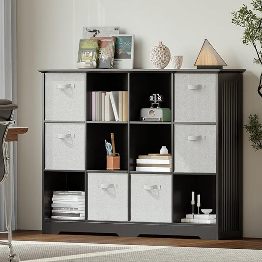 VORONOI 12 Cube Storage Organizer with 6 Fabric Drawers and Removable Shelves — Modular Cube Bookshelf for Bedroom, Living Room, or Home Office, Short Cube Bookcase for Toys, Decor, Black