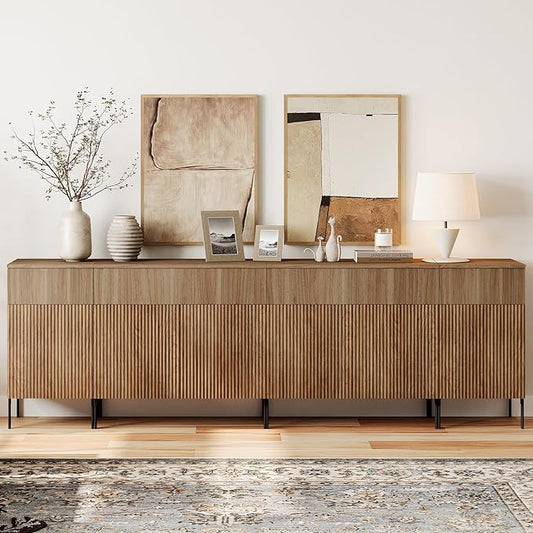 WAMPAT 94.5" Large Sideboard Buffet Cabinet with 4 Drawers & 5 Doors, 4-in-1 Fluted Storage Cabinet with Charging Station, Modern Buffet Table Coffee Bar Wine Bar Cabinet for Dining Room,Brown