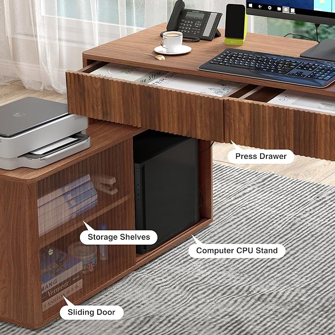 Modern Computer PC Desk Table with Storage, Corner L Shaped Desk with Drawers, Home Office Desk for Bedroom and Small Space, for Writing, Executive, Study, Work, Vanity - Walnut