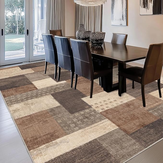 Modern Geometric Patchwork Indoor Area Rug for Living Room, Beige 10'x 14' Large Rug Rockwood Collection Hardwood Floors Decor for Bedroom, Beige Throw Carpet for Office Entryway Dining Room