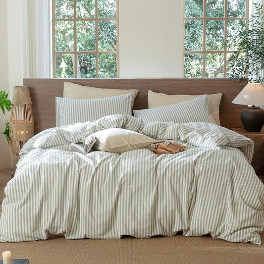 MooMee Striped Duvet Cover Set 100% Washed Cotton Linen Like Textured Breathable Durable Soft Comfy (Sage Green White Classic Stripes, Cal King 104"x98")