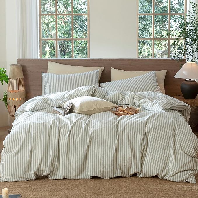 MooMee Striped Duvet Cover Set 100% Washed Cotton Linen Like Textured Breathable Durable Soft Comfy (Sage Green White Classic Stripes, Super Queen 90"x98")