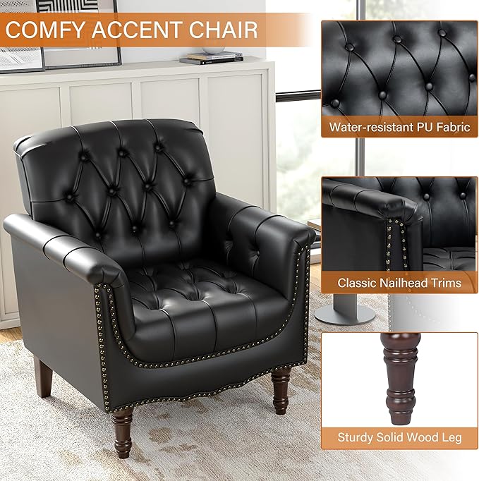 Faux Leather Club Chair, Retro Upholstered Armchair Accent Chair with Solid Wood Legs & Nailhead Trim for Living Room, Bedroom, Reading Room, Black