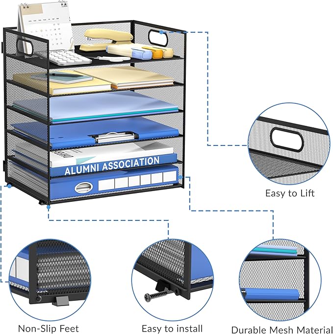 Daltack 6 Tier Paper Organizer for Desk, Paper Letter Tray Organizer for Desks, Mesh Desk File Organizers with Handle for Office, Home, School, Classroom, Black