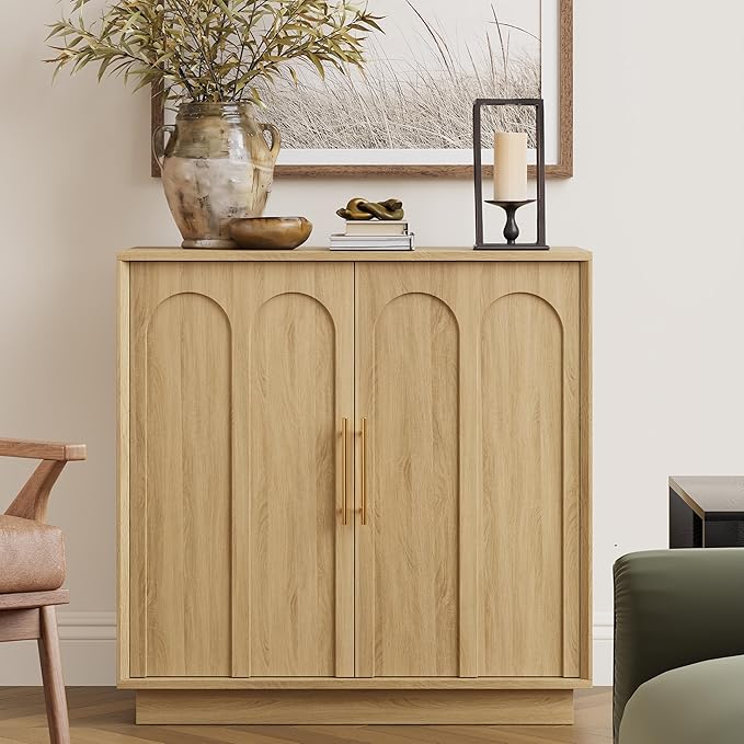 Sideboard Buffet Cabinet with Storage Set of 3, Mid Century Modern Accent Cabinet with Arched Doors, Modular Media Console, Credenza for Living Room Kitchen Dining Room Entryway, Oak