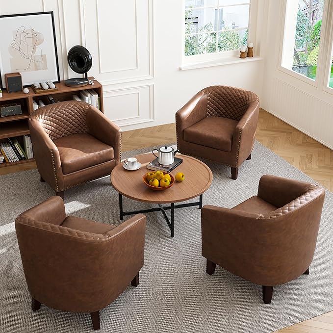 Accent Barrel Chair, Upholstered Faux Leather Club Chair with Nailed Trim, Comfy Reading Armchair for Living Room Bedroom Reception Room Office (Brown, Set of 2)