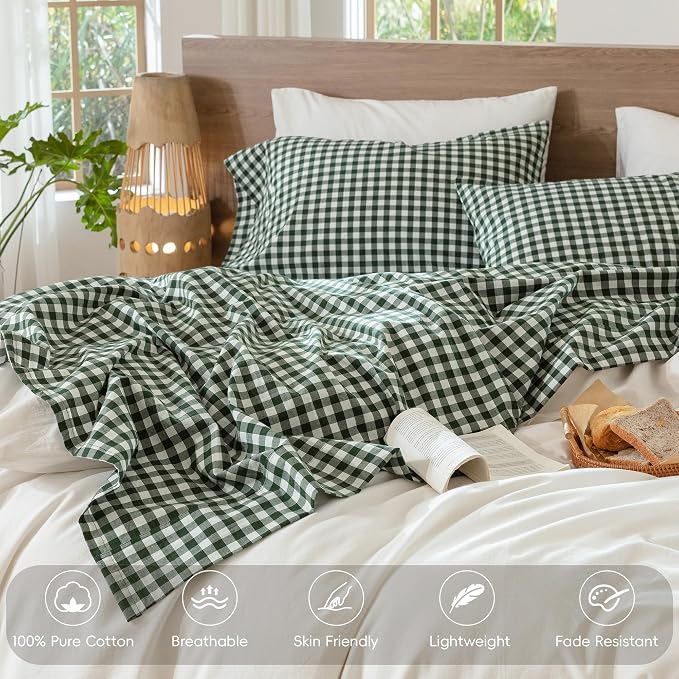 MooMee Gingham Sheet Set 100% Washed Cotton Linen Like Textured Breathable Soft w/Fully Elasticized 16-19" Deep Pocket (Classic Gingham Forest Green, Queen)