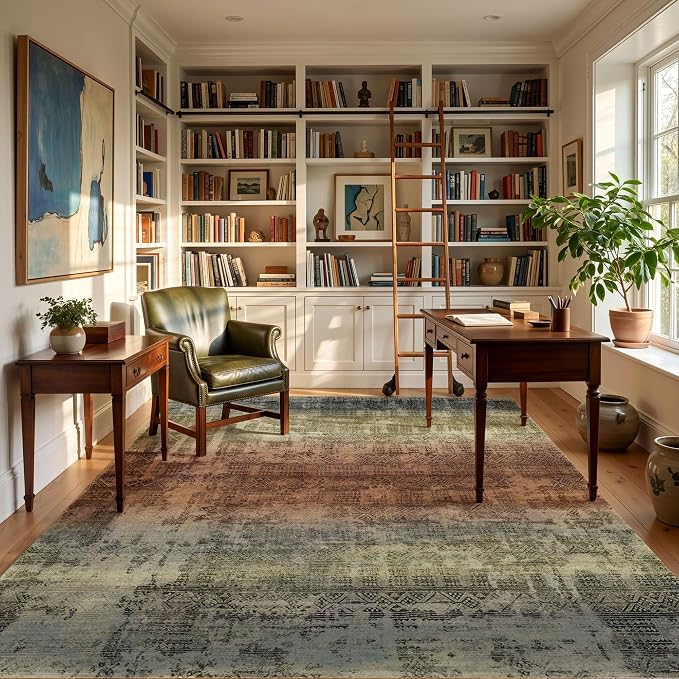 Kokia Abstract Area Rugs 9x12 Bedroom Washable Decor Low Pile Non-Slip Non-Shedding Indoor Carpet Foldable Stain Resistant Floor Mat Living Room Dining Room, Warm Brown and Dark Sage Green