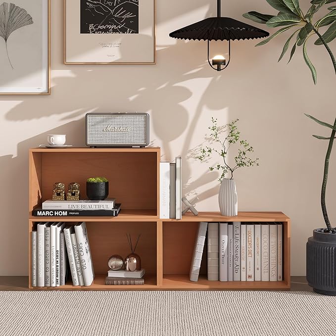 3 Cube Organizer Bookcase, Expandable Storage Shelves, Wooden Open Shelving Unit Book Shelf for Living Room, Office, Bedroom, Mid-Century Style Wood Furniture, Basswood Color (1 Set)