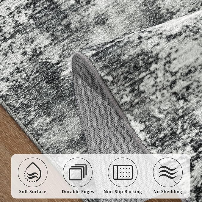 Merelax Washable Area Rugs 5'x8' Grey Abstract Rug for Living Room Bedroom Entryway Nursery, Dining Room and Farmhouse Rug, Non-Slip Modern Indoor Low Pile Soft Floor Carpet, Gray Print Pattern