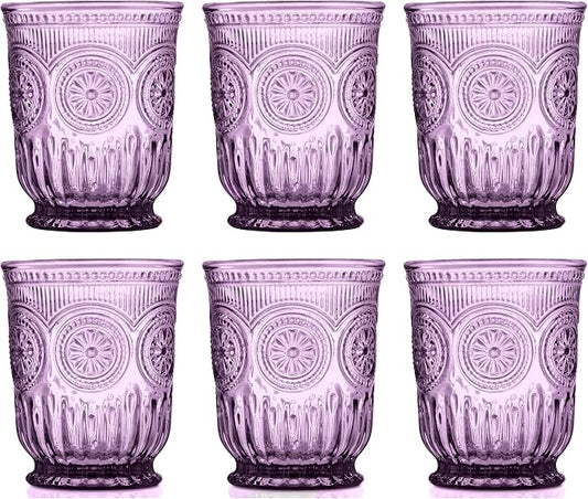 Purple Glassware, set of 6 purple drinking glasses small textured colored vintage glass cups,(Sunflower Goblets)