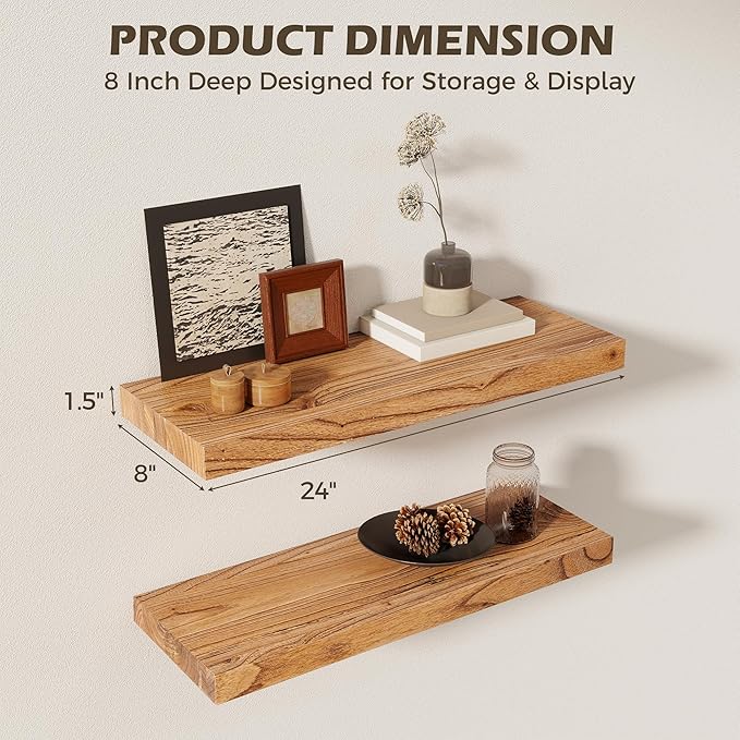 24 Inch Floating Shelves for Wall, 8"D High End Solid Hardwood Shelves for Decor Storage, Rustic Wall Shelves with Invisible Heavy Duty Brackets for Living Room, Kitchen, Bathroom, Natural, 2 Pack