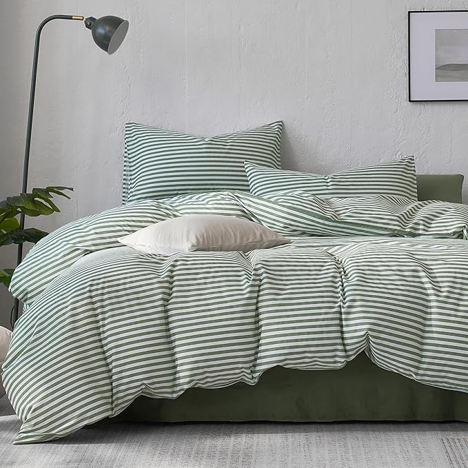 JELLYMONI Striped Duvet Cover Set - King Size Comforter Cover, Classic Green & White Stripes, 100% Cotton 3 Pcs Bedding with Zipper Closure & 8 Corner Ties for Master or Guest Bedroom