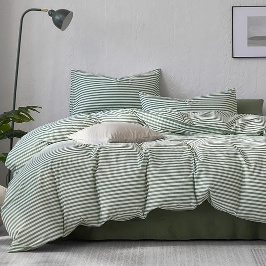 JELLYMONI Striped Duvet Cover Set - King Size Comforter Cover, Classic Green & White Stripes, 100% Cotton 3 Pcs Bedding with Zipper Closure & 8 Corner Ties for Master or Guest Bedroom