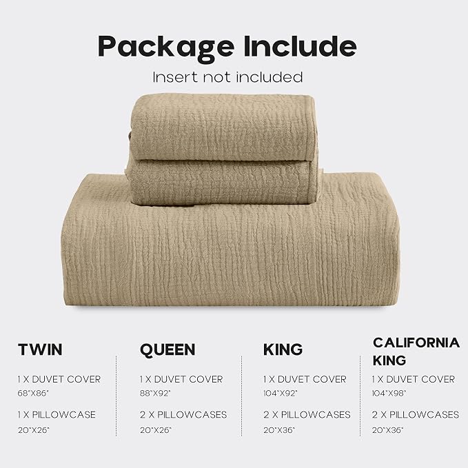 Simple&Opulence Linen Muslin Duvet Cover Set King Size, 3Pcs Camel Linen Cotton 3-Layer Gauze Minimalist Comforter Cover 104”x92”, Ultra Soft Breathable Seersucker Bedding Set with 2 Pillowcases