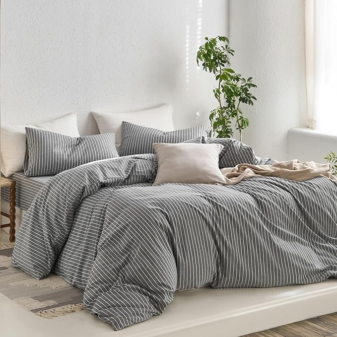 MooMee Striped Duvet Cover Set 100% Washed Cotton Linen Like Textured Breathable Durable Soft Comfy (Dark Grey White Wide Stripes, Palatial King/Oversized King 120"x98")