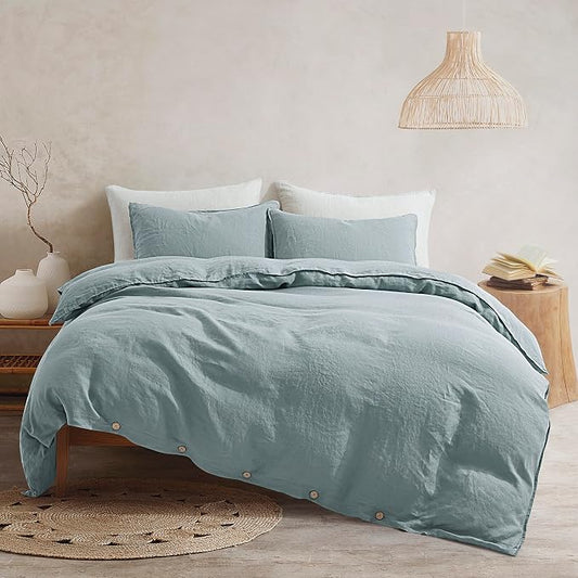 ATLINIA 100% Flax Linen Duvet Cover Set - Stone Washed Pure French Linen Organic Fabric for Farmhouse Comforter Boho Bedding Included 1 Duvet Cover 2 Pillow Shams(Dusty Blue, California King)