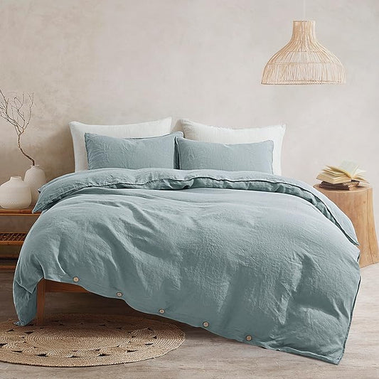 ATLINIA 100% Flax Linen Duvet Cover Set - Stone Washed Pure French Linen Organic Fabric for Farmhouse Comforter Boho Bedding Included 1 Duvet Cover 2 Pillow Shams(Dusty Blue, Queen)