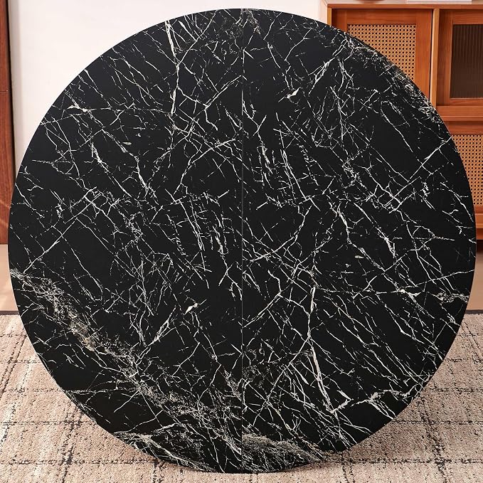 Dining Table Set for 4, Mid Century Modern 47 Inch Black Marble-Look Wooden Round Dining Table Set, Space Saving (Table + 4 Green Chairs)