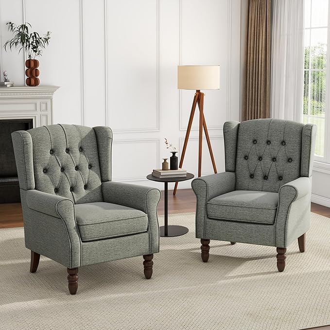 High Back Accent Chairs Set of 2, Upholstered Armchair in Fabric, Retro Wingback Arm Chair for Living Room, Comfy Single Sofa Bedroom Reading Seat with Solid Wood Legs - Dark Gray